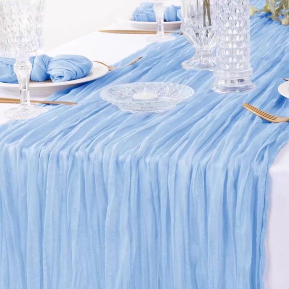 Light Blue Gauze Table Runner 35.43x118.11 in, Wrinkle-Resistant Polyester Sheer Fabric, Rustic Farmhouse Decor for Party Wedding Dining.