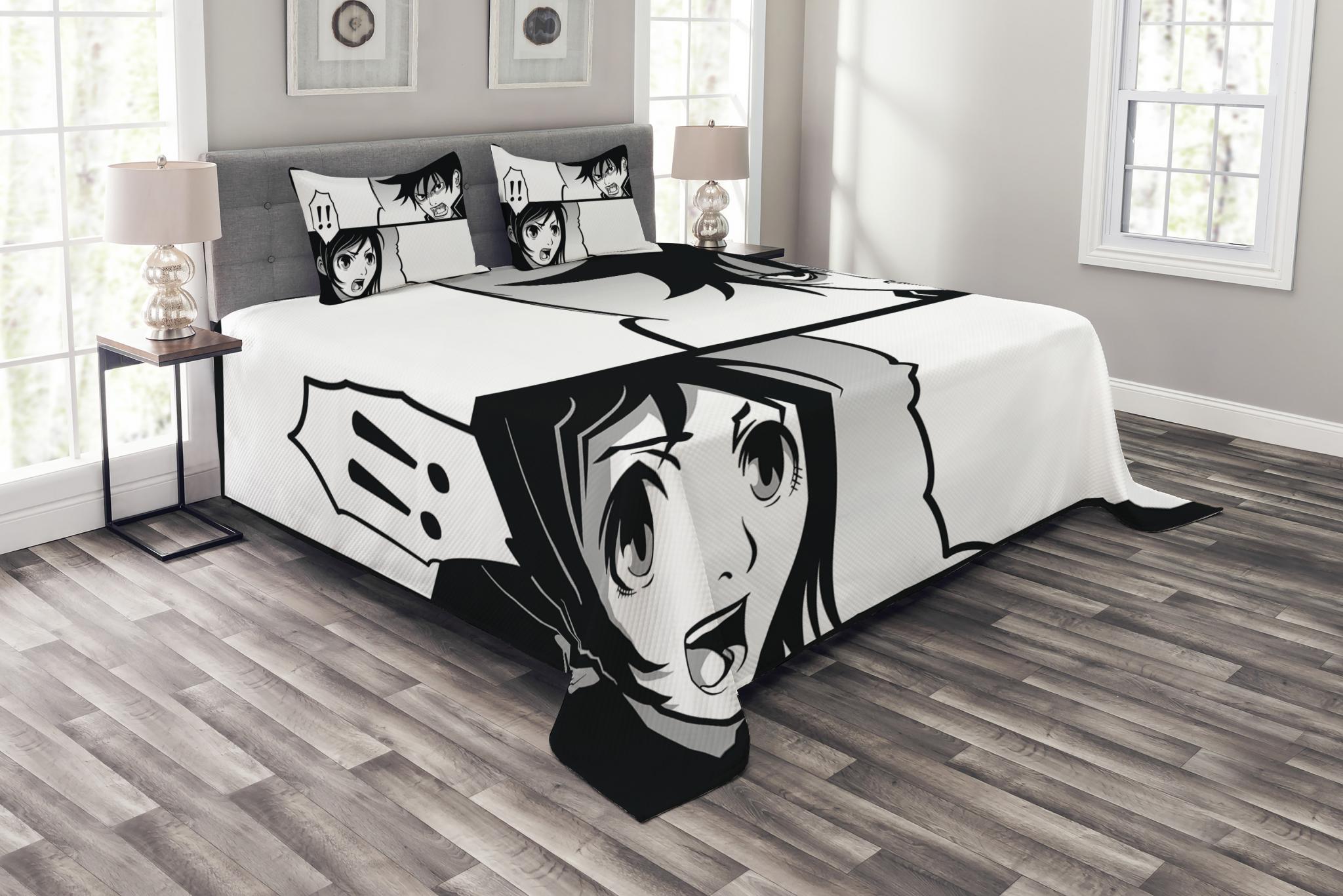 Anime Bedspread Set King Size, Japanese Comics Strip with Boy and Girl