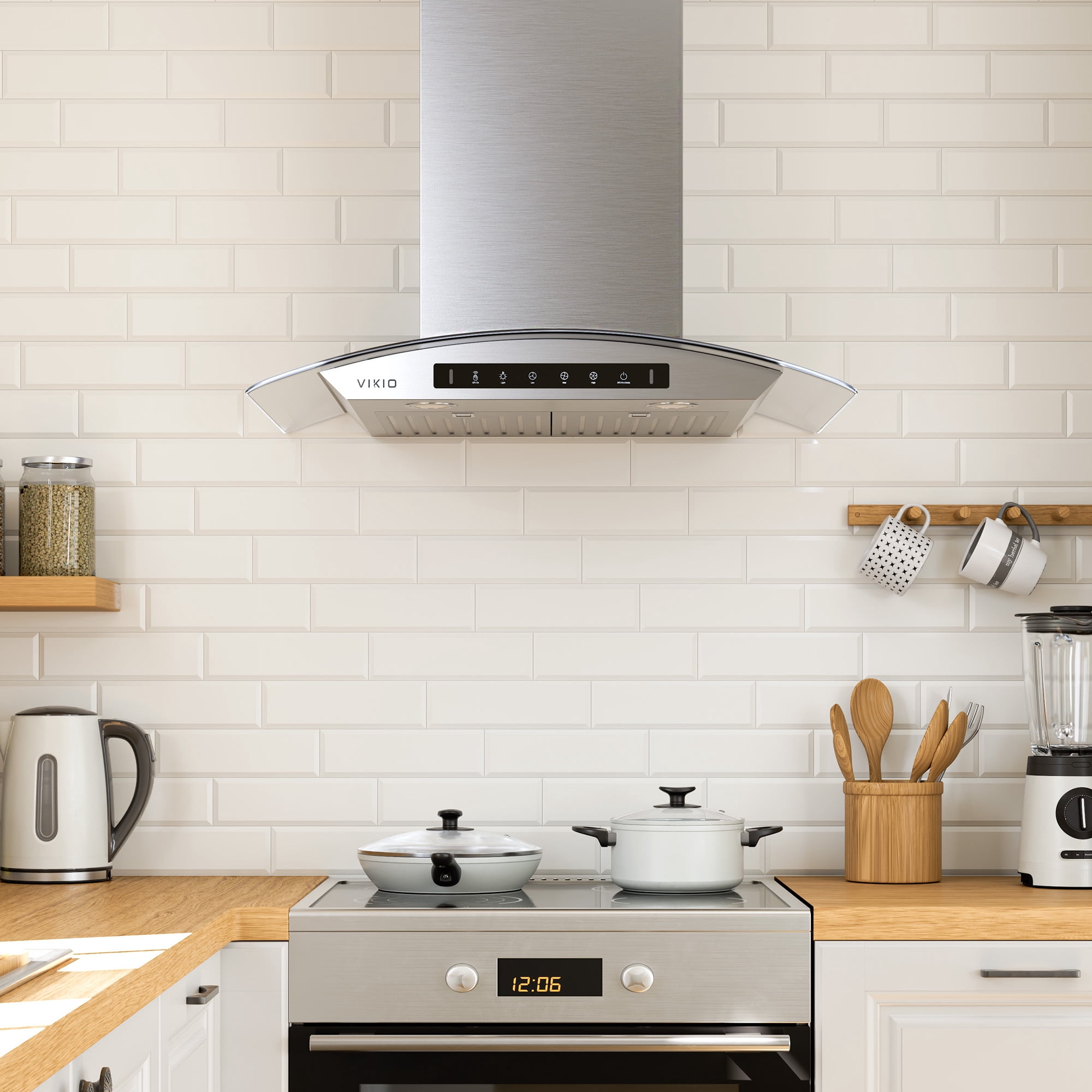 VIKIO 30 inch Wall Mount Range Hood, Stainless Steel and Glass, 800 CFM, 3-Speed, Ducted, Gesture Sensing Control&Touch Pad