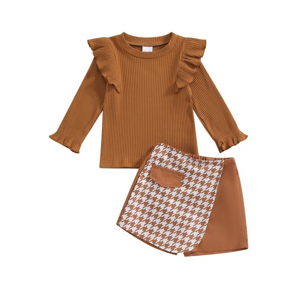 Raccmtaty Girls Autumn 2PCS Shorts Sets Flying Sleeve Solid Color Tops Houndstooth Print Culotte Sets