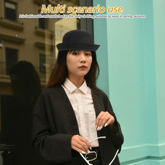 WEUVEB Vintage Hat Black Wool 1Pcs Roll-up Brim for Women