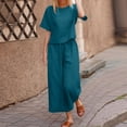 thumbnail image 2 of Women's 2 Piece Clothing Summer Casual Short Sleeves Round Neck Crop Top Wide Leg Pants Casual Matching Set Linen Capri Pants Women Summer, 2 of 5