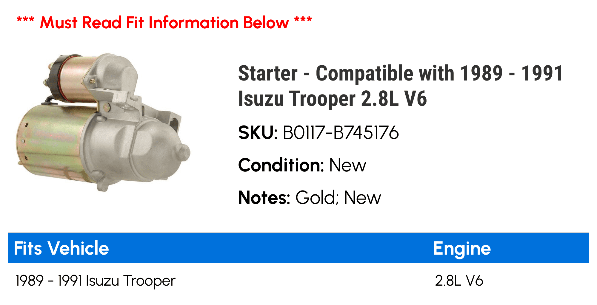Starter - Compatible with 1989 - 1991 Isuzu Trooper 2.8L V6