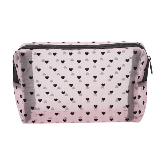 1 Pc Mesh Flocking Heart Pattern Makeup Bag for Travel Pink Mesh Fabric