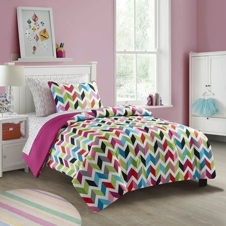 Your Zone Kids 5 Piece Bright Chevron Reversible Comforter Set, Twin, Mulitcolor, Polyester