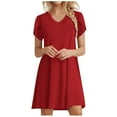thumbnail image 1 of AherBiu Robe T-Shirt Femme Pétale Manches Courtes Col en V Basique Confortable Tunique d'Été pour Femmes, 1 of 5