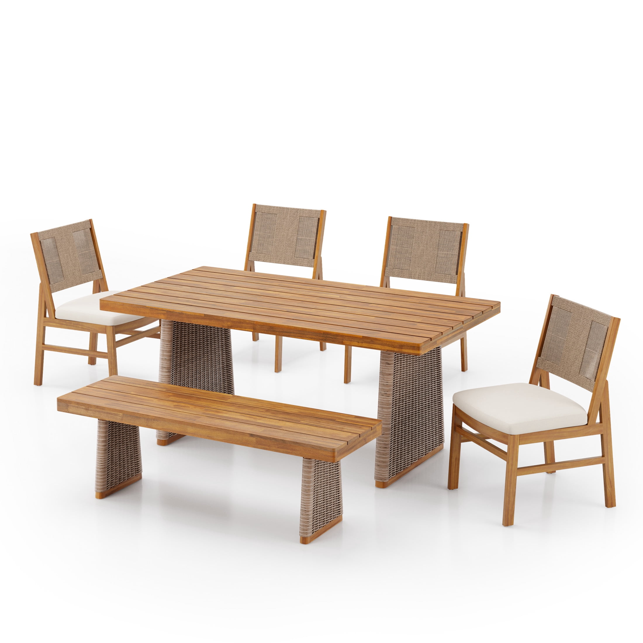 Christopher Knight Home Outdoor Dining Set with Bench for 6, Wood Table & Wicker Chairs, Cream Cushions