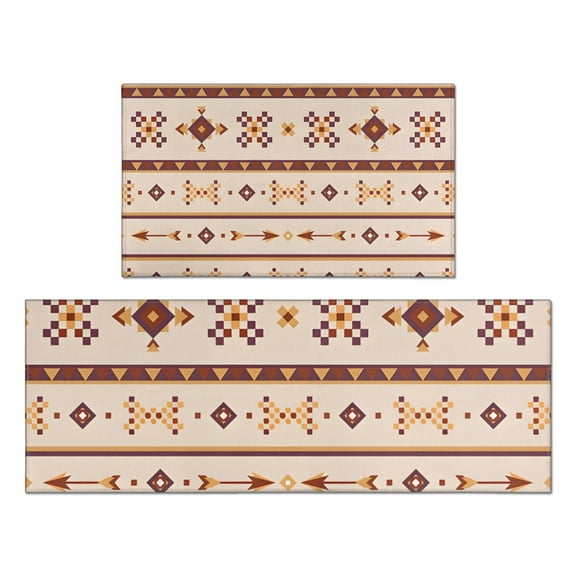 Brown Ethnic Arrow Pattern Kitchen Rugs Sets Of 2,Anti Fatigue Kitchen Mat Rugs Non Slip Washable,Decorative Kitchen Floor Mats for Kitchen,Sink,Laundry,17"x30" 17"x47"