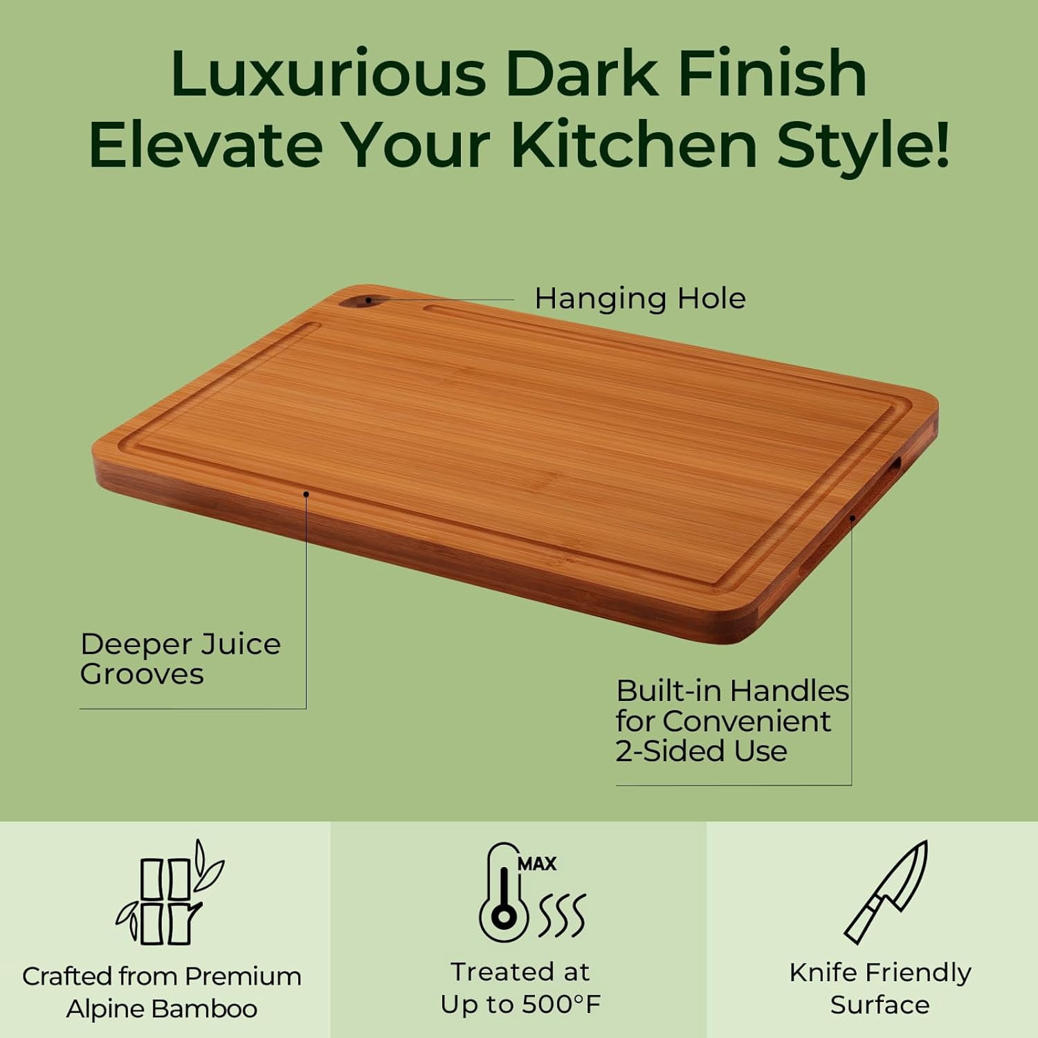 Keechee Carbonized Bamboo Cutting Board Set, 2 Piece, Brown, 15 in x 10 in and 12 in x 8 in, with Juice Groove and Built-in Handles