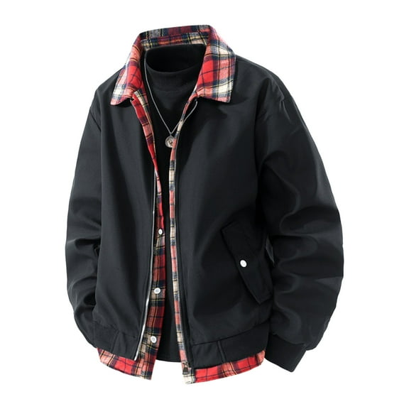 Men's Coat Warm Winter Jacket Plaid Splicing Long Sleeved Lapel Zipper Cardigan Fake Two-piece Workwear Jacket