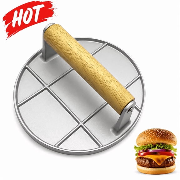 RYLZX 6" Smash Burger Press for Griddle, Round Hamburger Smasher Tool Aluminum Alloy Bacon Meat Grill Press for Smash Burgers with Wooden Handle -Silver