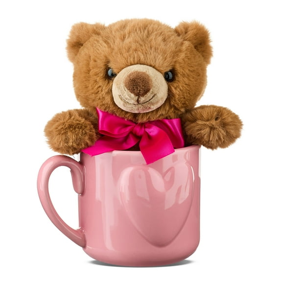 Bear Plush in Heart Mug, Brown and Pink, 7.5", Valentine's Day by Way To Celebrate
