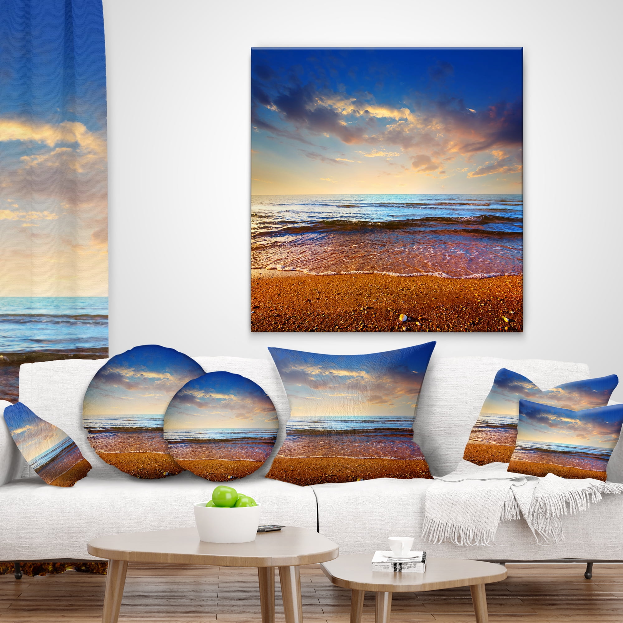 Designart Cloudy Skies with Vibrant Seashore - Modern Beach Throw Pillow - 12x20