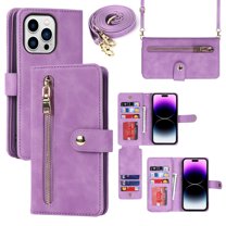 ELEHOLD Luxury Wallet Case for iPhone 12 Pro /iPhone 12 (6.1") Card Slots Zipper Purse Stand Function with Crossbody Strap Wrist Strap PU Leather Shockproof Case for iPhone 12 Pro / 12,Lightpurple