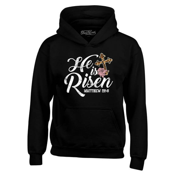 Shop4Ever Men's He is Risen Matthew 28:6 Christian Bible Verse Easter Hooded Sweatshirt Hoodie X-Large Black