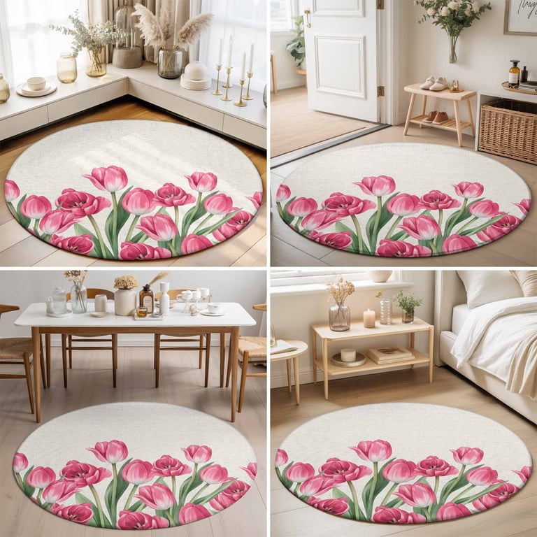 Rustic Spring Tulips Linen Texture Round Rug 3ft Farmhouse Pink
