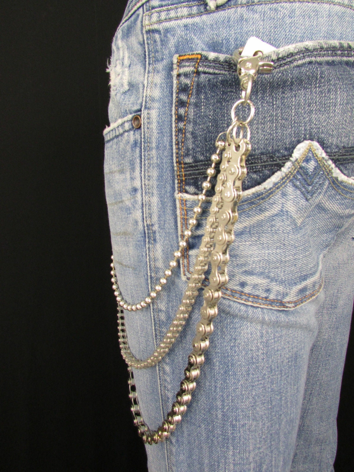 Men Rocker Silver Metal 3 Strands Wallet Jean Chain Key Bike Chain Motorcycle Biker Trucker