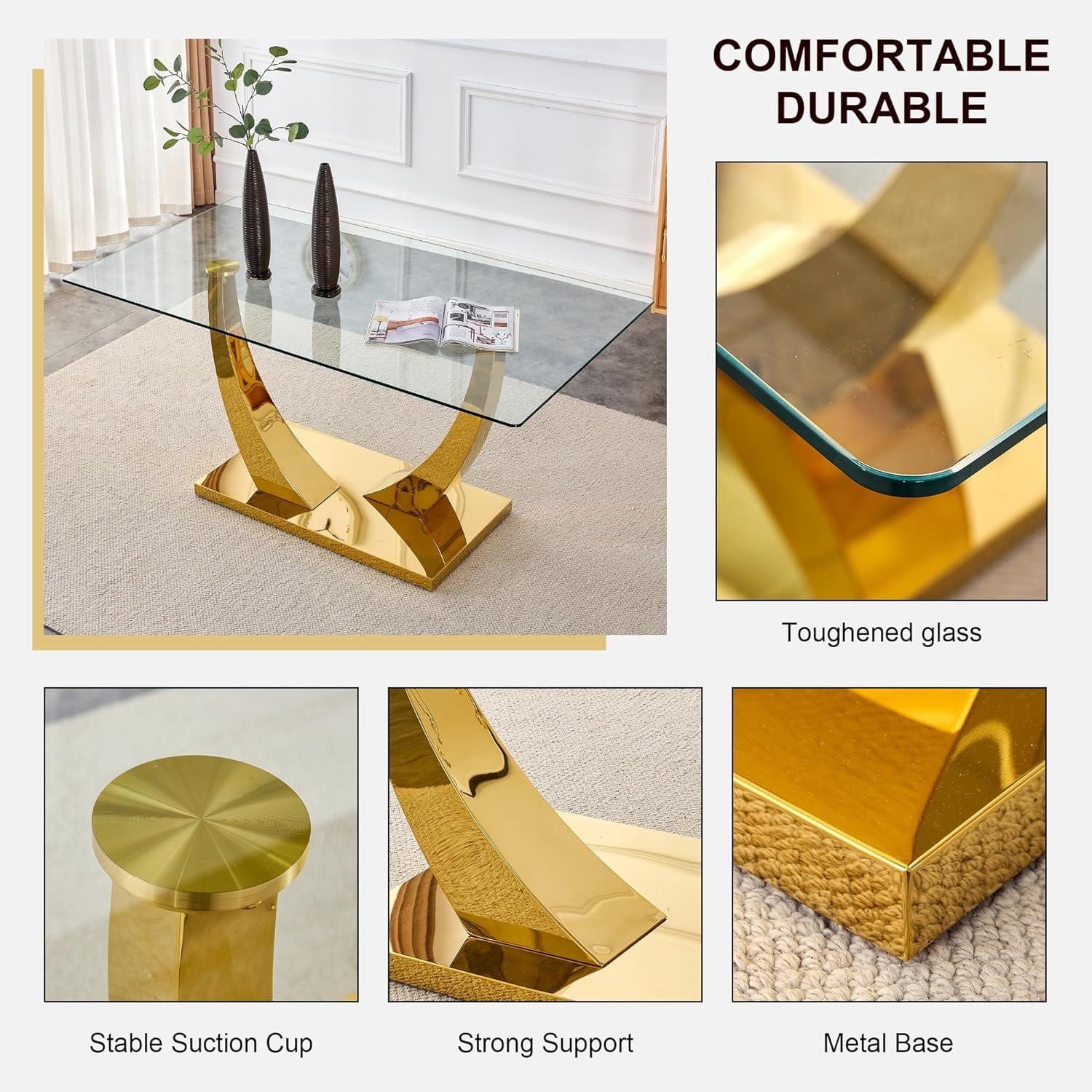 Sumdeal 63" Glass Dining Table for 4-6 people,Modern Dining Room Table for 4, Kitchen Table for 6, Dinner Table with Rectangle Tempered Glass Top and Chrome Golden Base