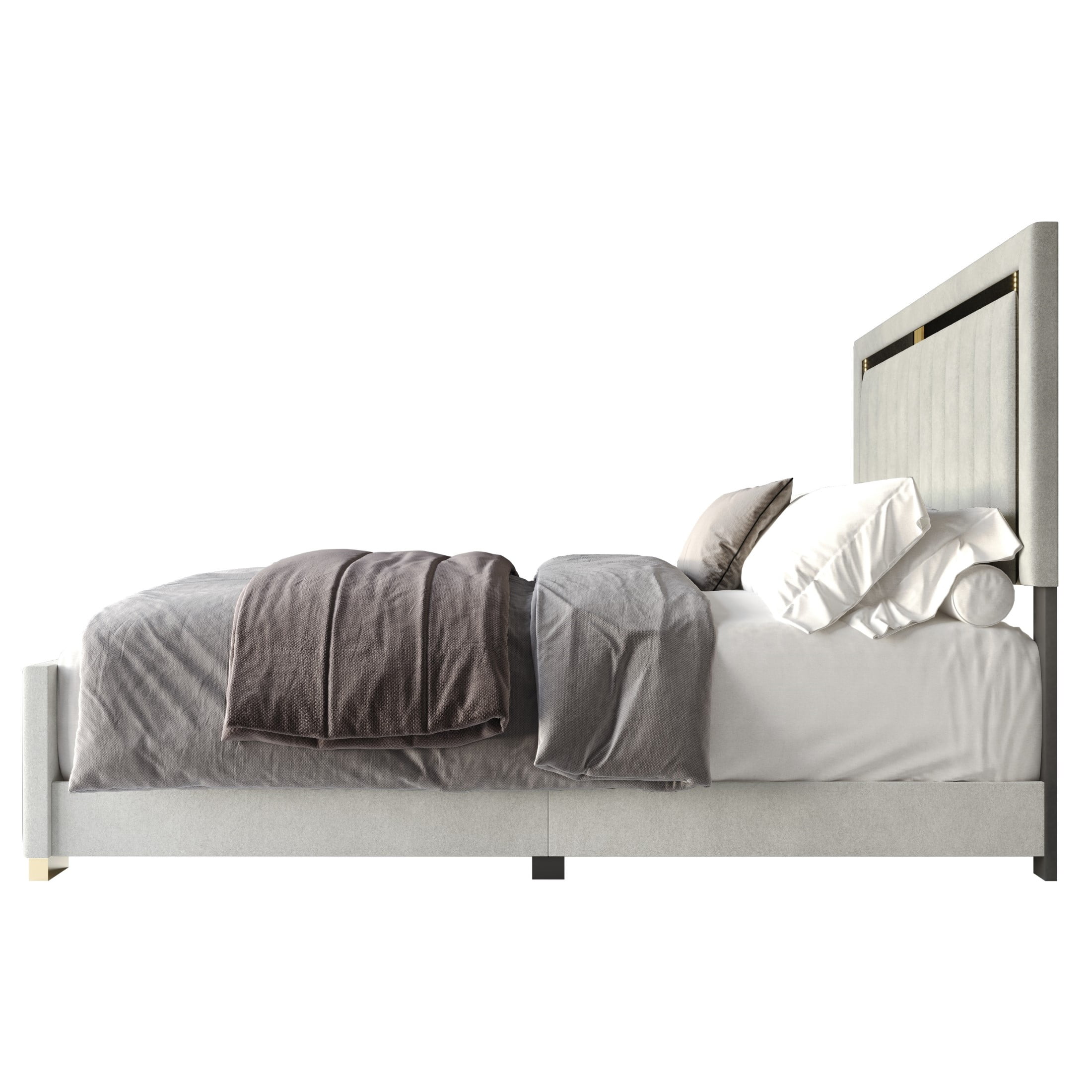 Home Design Olathe Full Upholstered Panel Bed Frame with Channel-Tufted Headboard and Gold Acrylic Strip Accents, Light Gray, Easy Assembly