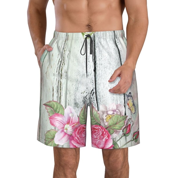 Fotbe Vintage Wood with Floral Trajes de Baño Estampados para Hombre, Shorts de Verano de Secado Rápido, Ropa de Playa, Bañadores-Large