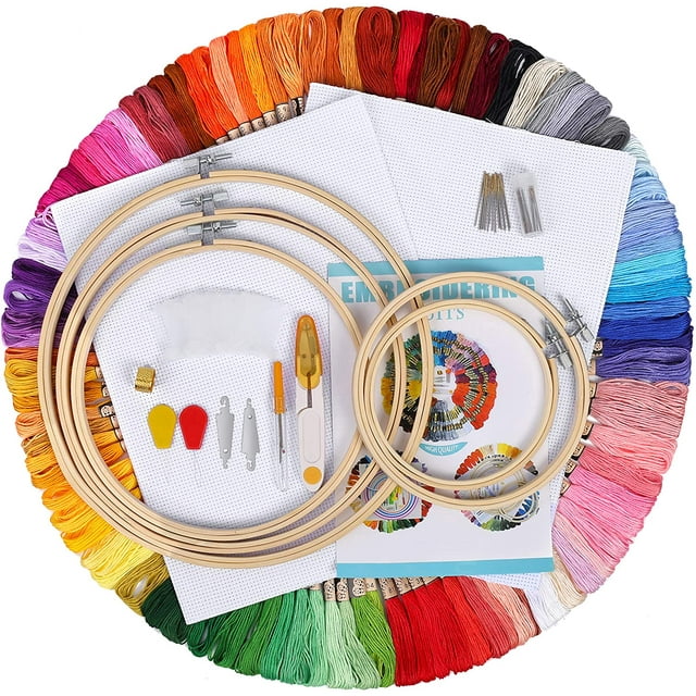 Juego de bordado, kit de herramientas de punto de cruz de bordado, kit de inicio de bordado que incluye 100 hilos de color, 5 aros de bordado de bambú Ormromra MZQ-0853