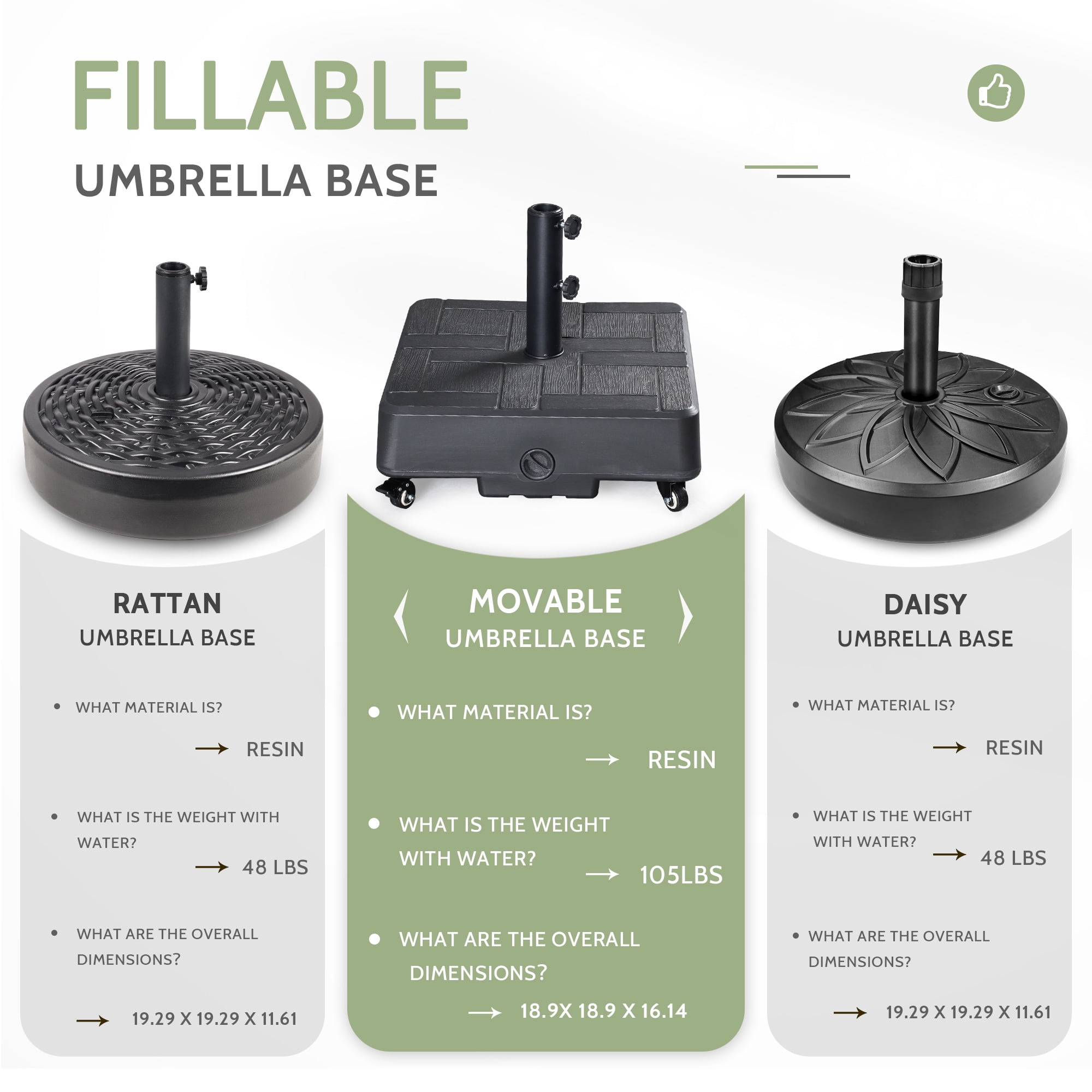 Scafild | 49-lbs Square Market Umbrella Base Weighted Heavy Duty Outdoor Living Square Brick Patio Umbrella Base With Wheel