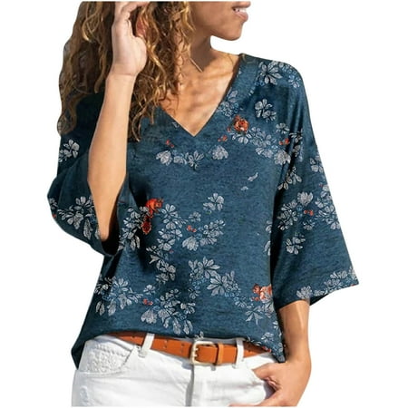 

Women Loose Sexy Floral Print Three Quarter Sleeve V-Neck T-Shirt Tops Blouse