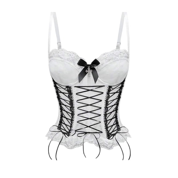 Women Lace Spaghetti Strap Corset Top Bow Cross Lace Up Front Boned Bustier Punk Halloween Party Club Costume Outfit