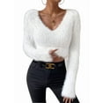 thumbnail image 3 of Women'S Fuzzy Long Sleeve V Neck Crop Sweater Casual Plain Slim Fit Warm Knitwear Sweater Pullovers White S, 3 of 9