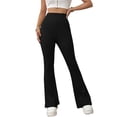 thumbnail image 1 of Knit Casual Trousers High Waist Belt Free Slight Flared Pure Color Polyester Fiber Stretchy Trousers for Dating Work Black S, 1 of 7