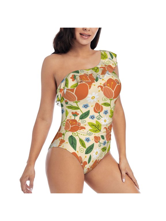 Picia Rose Daisy Pattern Women's One Piece Swimsuits,One Shoulder Swimwear Asymmetric ,Ruffle Monokinis Bathing Suits,High Waisted Flattering Bathing Suits-Small