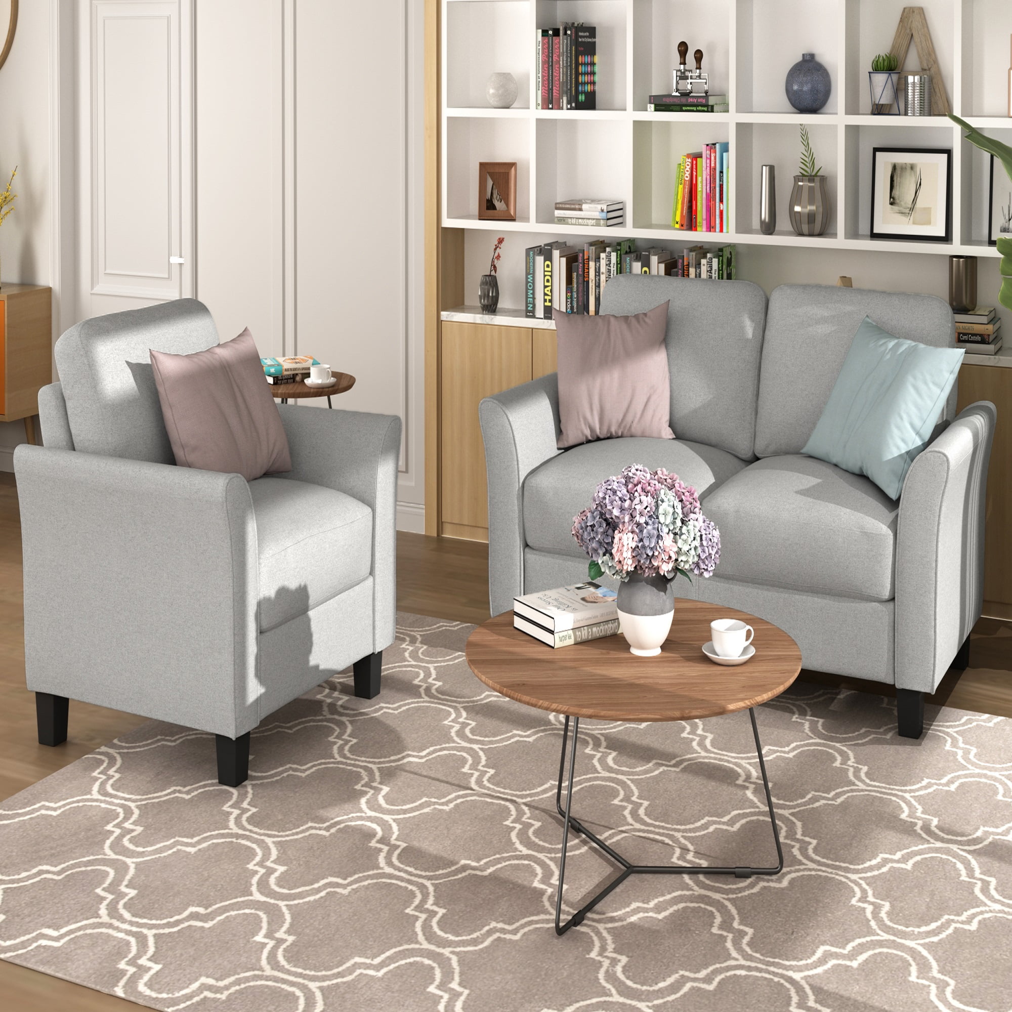 Kepooman Curved Arm Single Sofa Chair & Loveseat Sofa for Living Room, Light Gray Kepooman Curved Arm Single Sofa Chair & Loveseat Sofa for Living Room, Light Gray