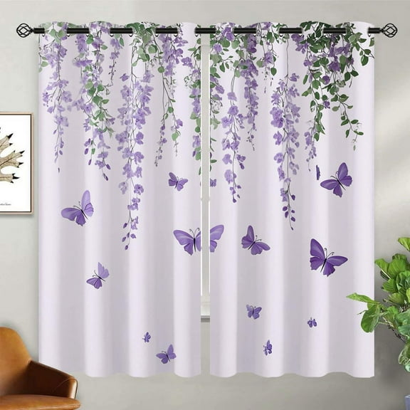 Purple Lavender Blackout Curtains for Girls Kids Home Decor,Floral Butterfly Lilac Flower Grommet Thermal Insulated Drapes Darkening Window Curtain for Bedroom Living Room-52"W x 45"L (Pack of 2)