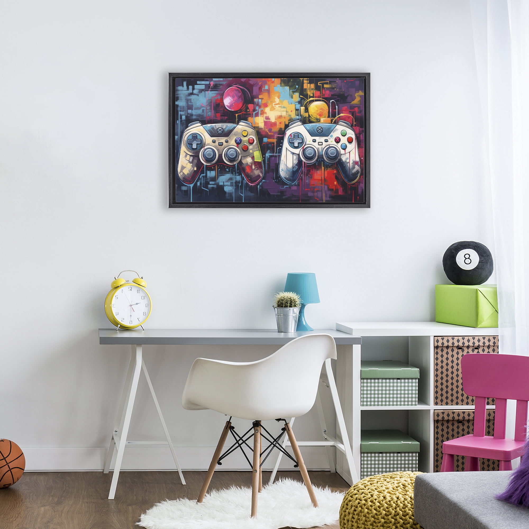 Stupell Industries Double Controller Modern Gamer Black Framed Floater Canvas Wall Art, design by Lazar Studio
