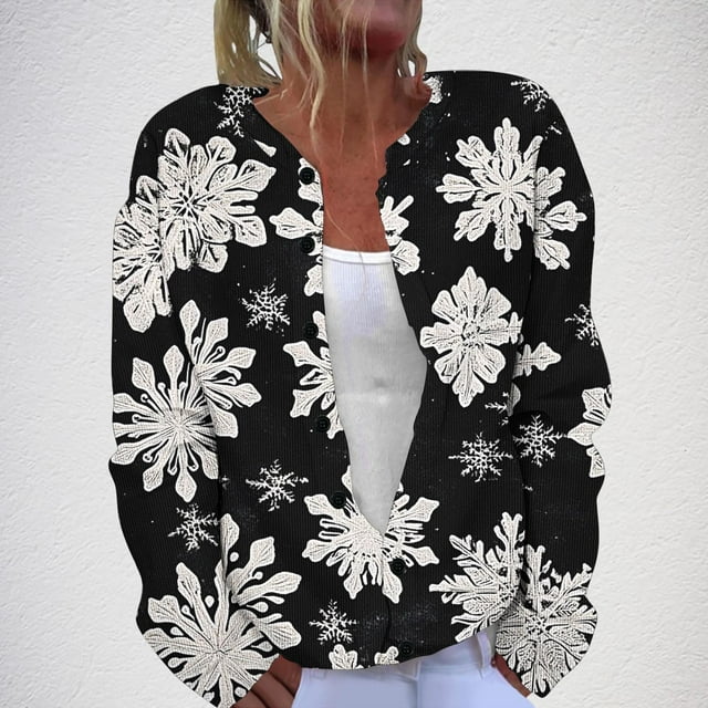 LOVZFMLL Vestes pour Femmes, Cardigan Tricoté Imprimé de Noël, Veste Boutonnée