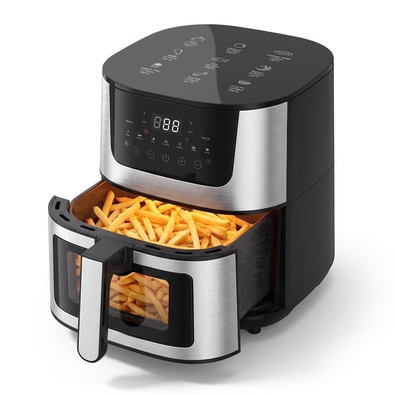 Yilush 7.5 Qt. Air Fryer 9 Functions w/ Touch Controls, HI-FRY Button, Stainless Steel（Black）