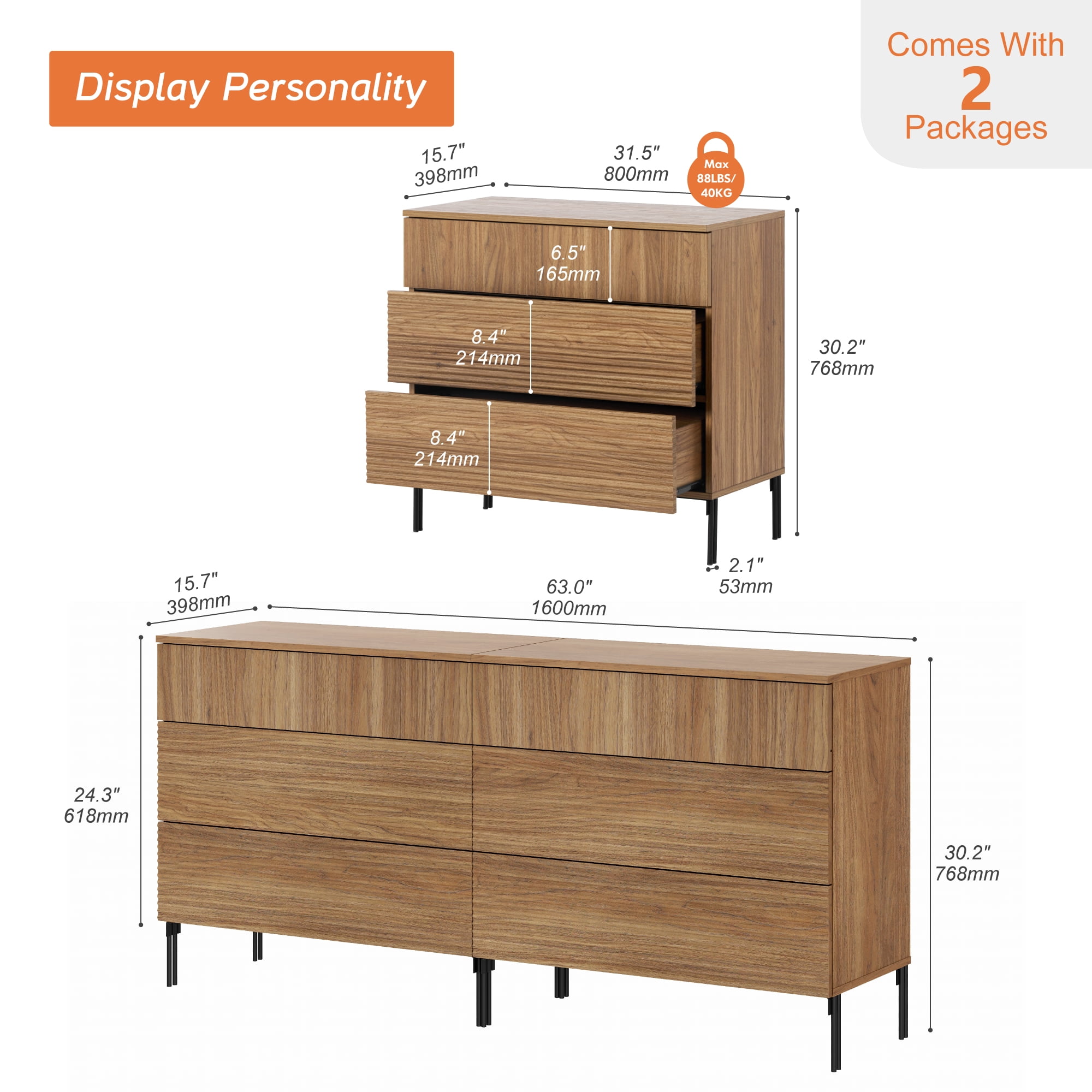 63" Wood Accent Chest Set with Drawers, Modern Credenza Storage Cabinet with Reeded Design for Living Room, Kitchen, Dining Room, Hallway