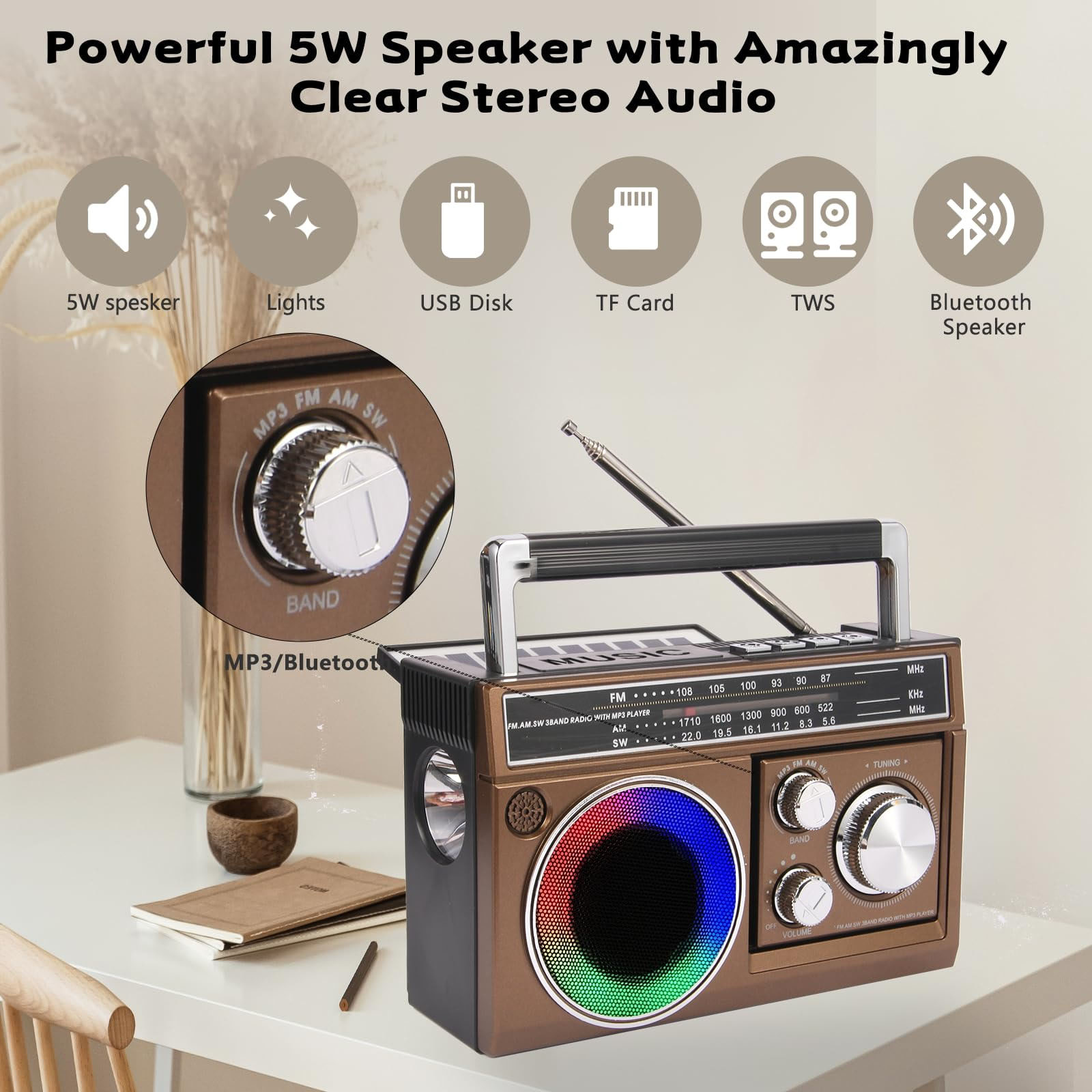 AM FM SW Radio Portable with Bluetooth Speaker, Illumination, USB TF Card Playing, Solar/USB-C Rechargeable Radios, Colorful Light, Transistor Radios Portable Emergency, Bluetooth Radio