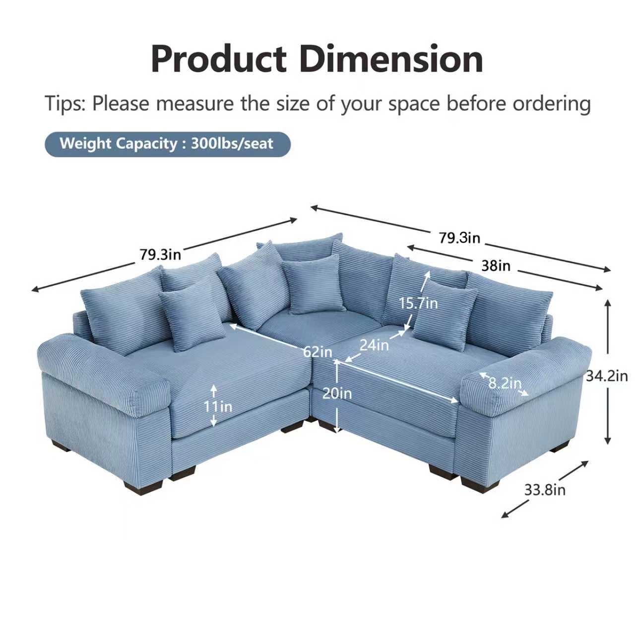79" Modern Corduroy Sectional Couches for Living Room, Comfortable Corner Couch Sofa, Blue 2 Seater Corner Couch for Flexible Layout, Muebles para la Sala, Oversized Sofa Set