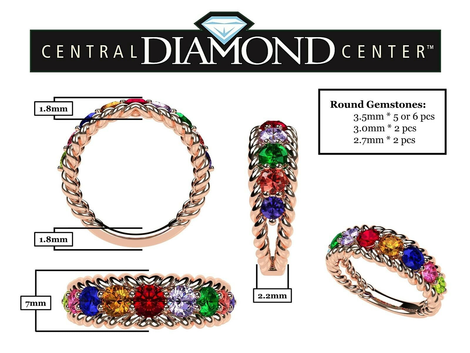 Nana Rope Mothers Ring 2 Birthstone 1-10 Simulated, Rose Gold Plated, Size 6.5 - Stone 2 for Women