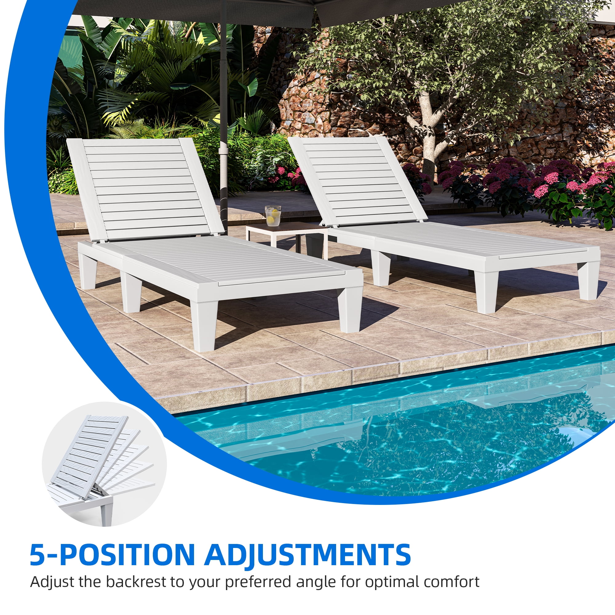 Dextrus Outdoor Resin Chaise Lounge, 2-Pack, Grey-White, Faux Wood Grain, 74.5×22.8×11.2 in, 150kg Capacity