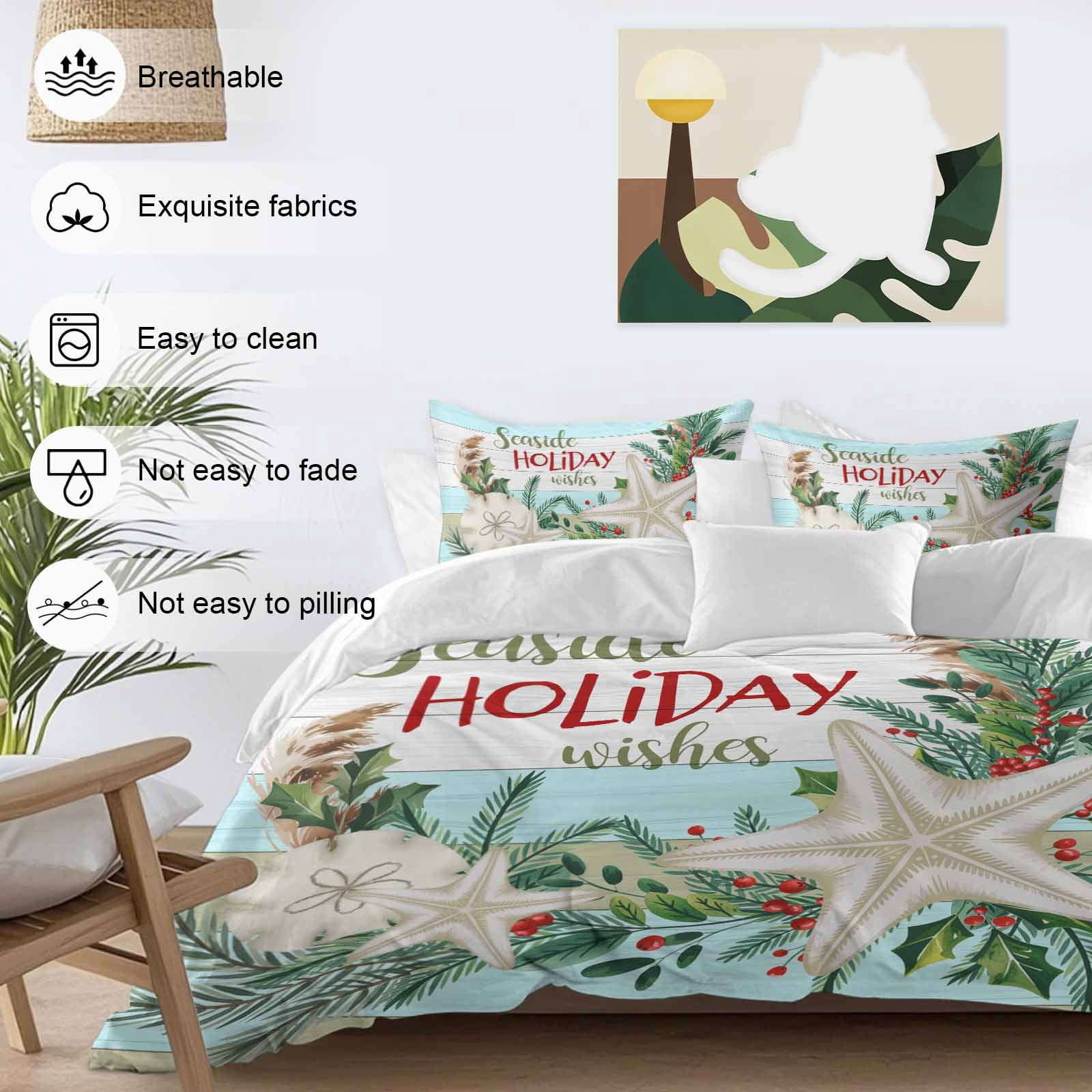 Seaside Holiday Wishes Bedding Duvet Cover Set King Size 4 Pieces Christmas Starfish Holly Wooden Grain Bedding Set with Zipper Closure, 1 Comforter Cover 92x106 Inches 1 Flat Sheet & 2 Pillow Cases