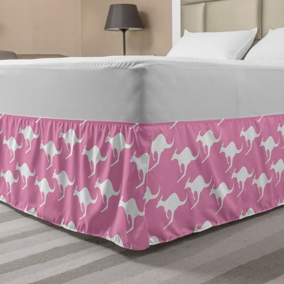 Kangaroo Bed Skirt, Silhouette of Jumping Adult Kangaroo Animal Pattern in Diagonal Alignment, Elastic Bedskirt Dust Ruffle Wrap Around for Bedding Decor, 4 Sizes, Pink and White, by Ambesonne