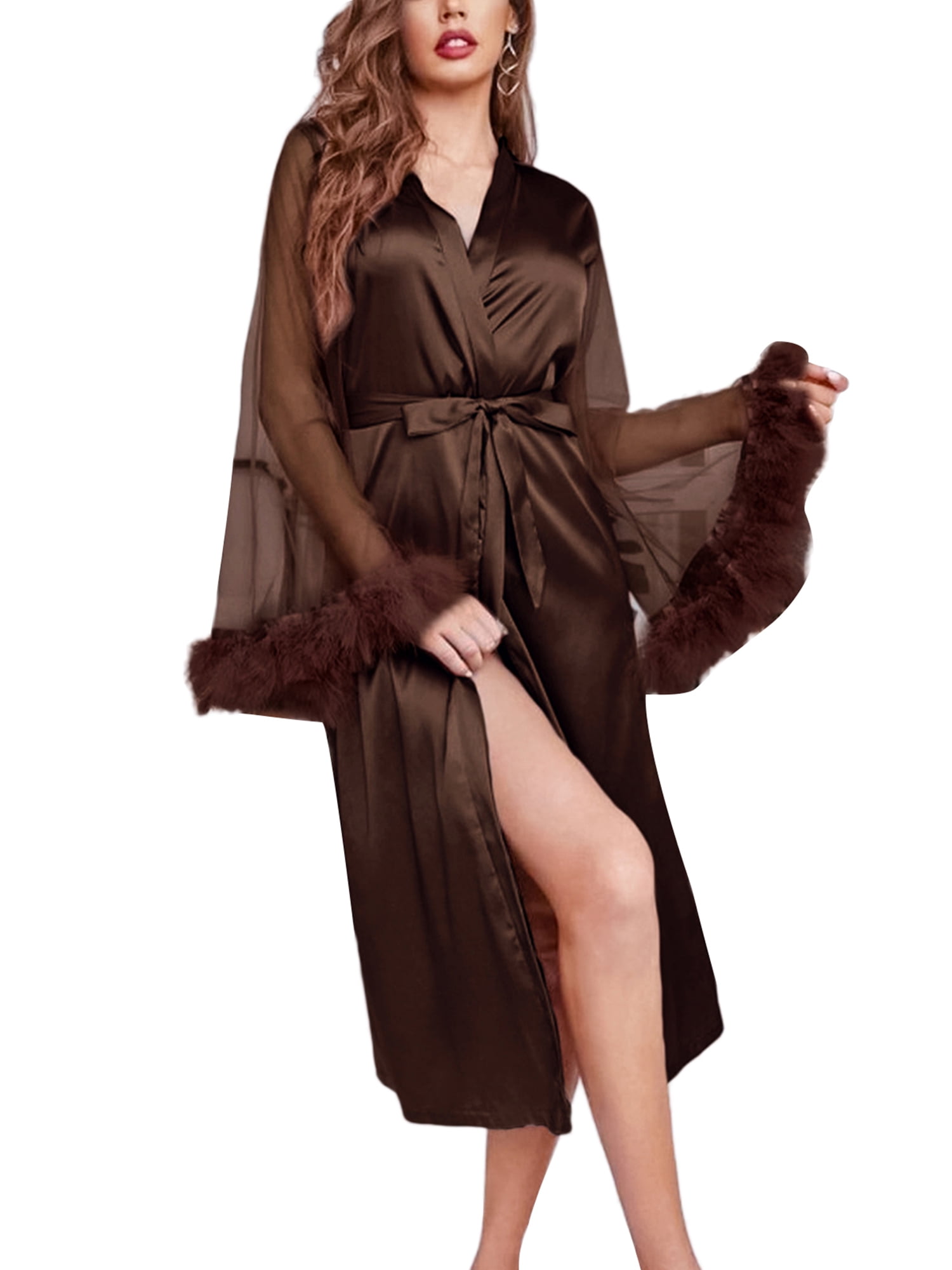 SUNSION Women Lingerie Robe Long Sheer Kimono Robe Nightgown Bridal Robe with Fur Walmart.com