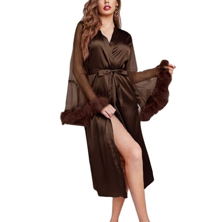 

Nituyy Women Nightwear Bathrobe Mesh Long Sleeve Robe with Feather Cuffs