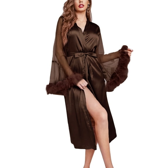Qmyliery Women Nightwear Bathrobe Solid Mesh Sheer Flared Long Sleeve Robe Pajama with Feather Cuffs Nightgown Sleepwear