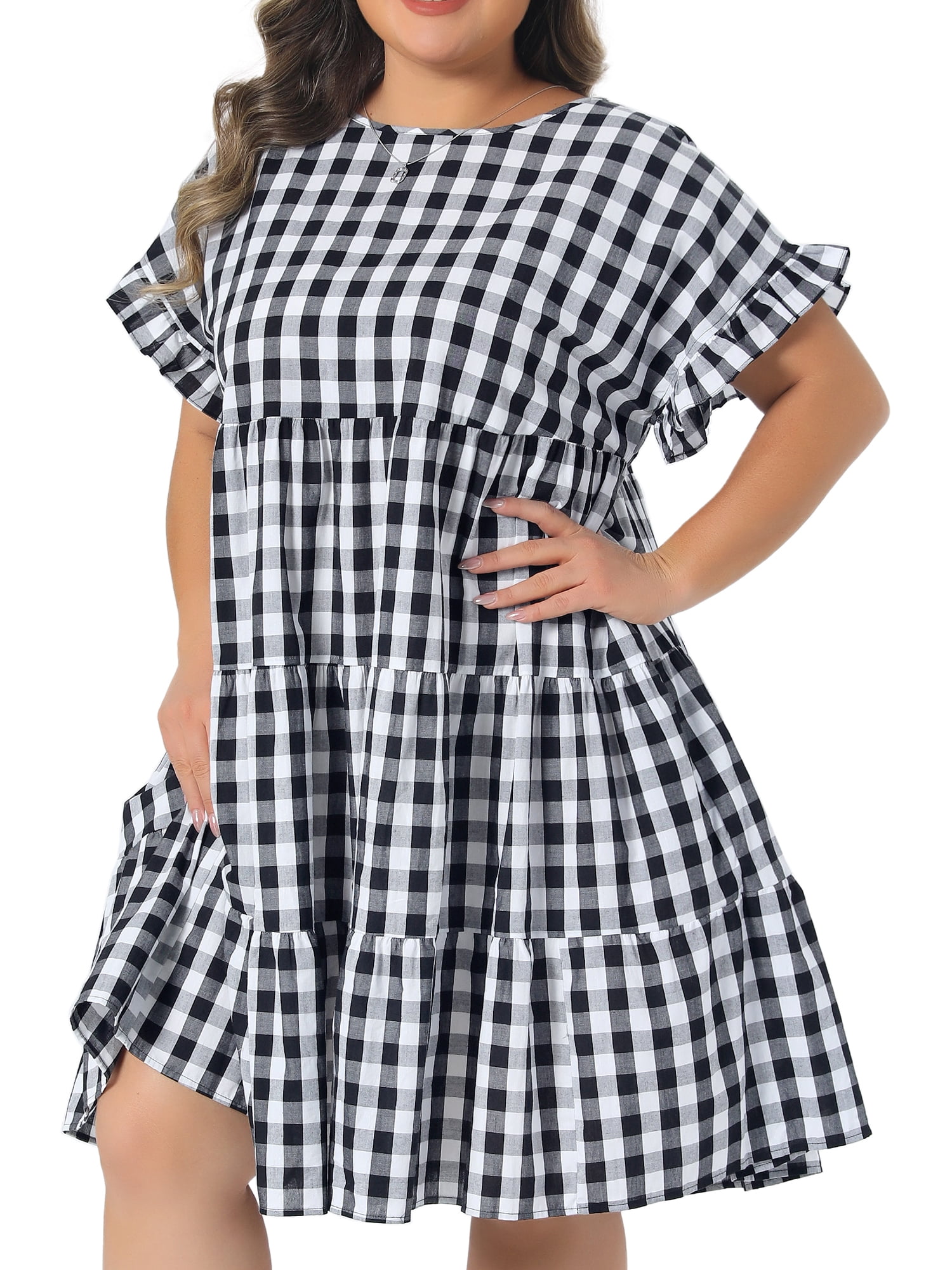 DARING DIVA Women's Plus Gingham 1950s Plaid Round Neck Dress 3X Black