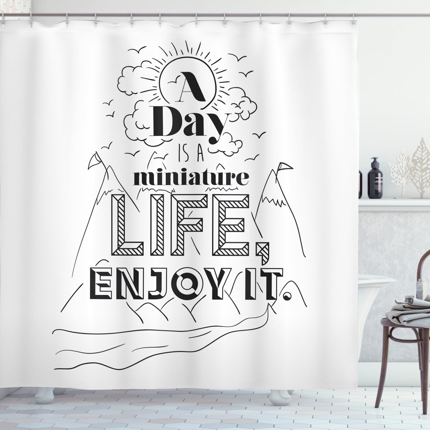 Quote Shower Curtain, Inspirational Positive Life Message Mountains Sun