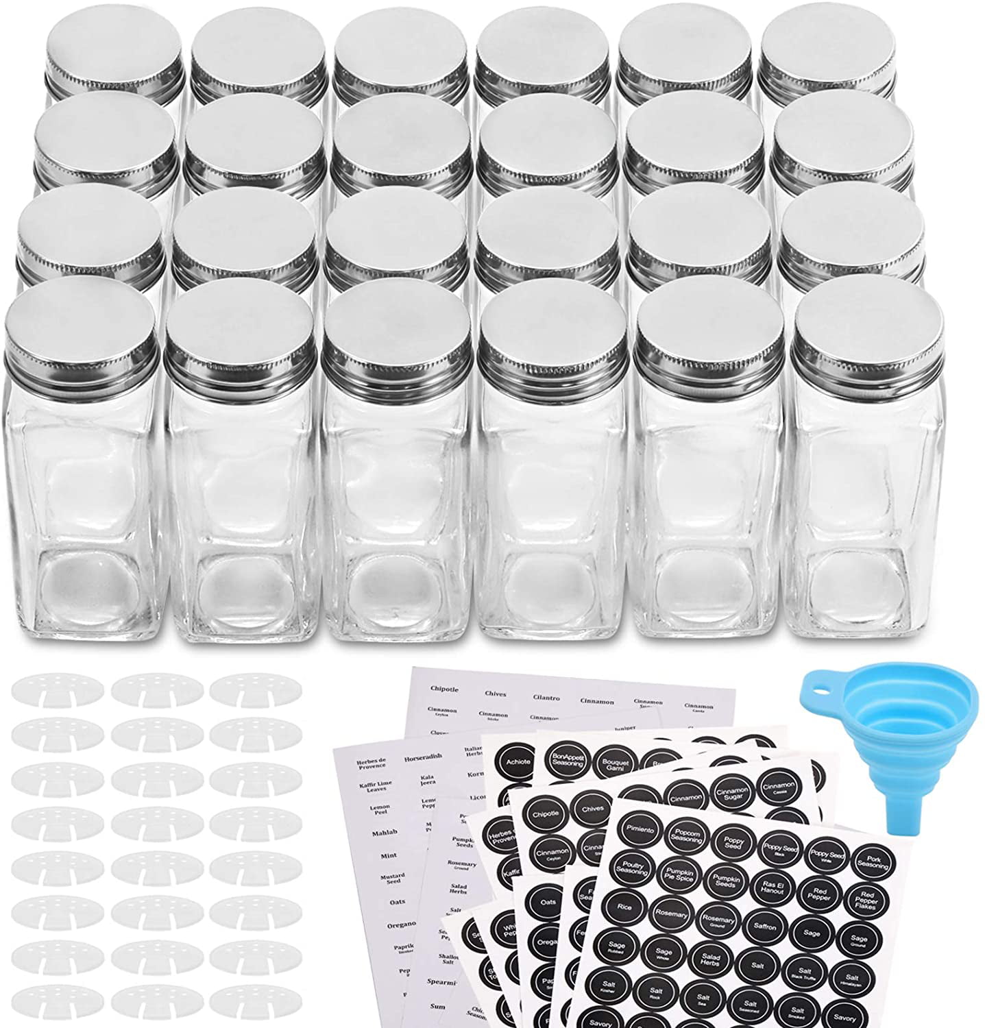 6oz Empty Square Spice Bottles with Shaker Lids and Airtight Metal Caps Chalk Marker and Silicone Collapsible Funnel Included 30 Pcs Glass Spice Jars with Spice Labels 