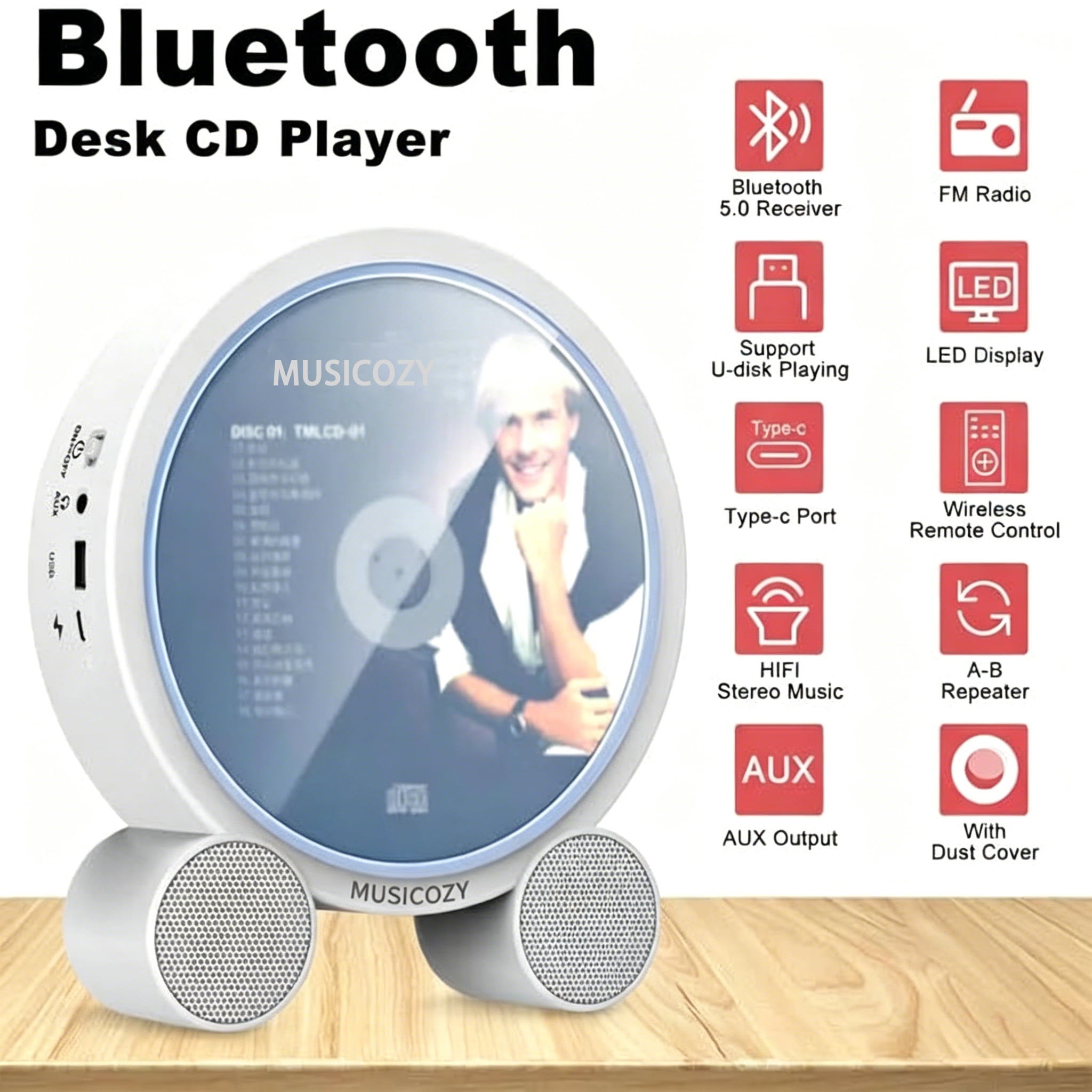 Portable Vertical CD Player with Bluetooth for Home with LCD Screen, Wireless Audio CD Player with Remote Control, Rechargeable Battery Built in HiFi Speakers Support Timed Music ON/Off FM USB SD